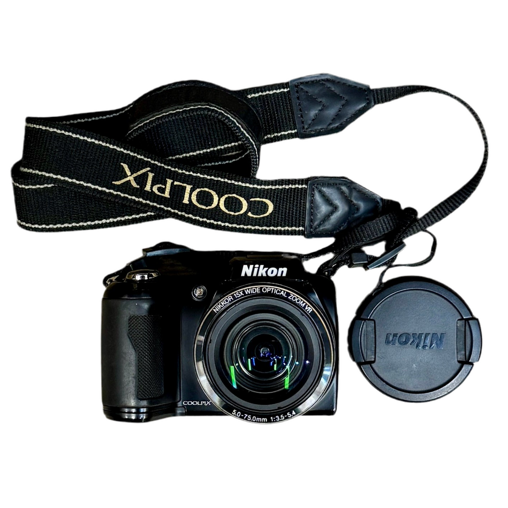 Nikon COOLPIX L110 12.1MP Digital Camera w/ NIKKOR 15x Wide Optical Zoom VR 5.0-75.0mm f/3.5-5.4 Lens & Case Nikon Coolpix camera with strap on a white background