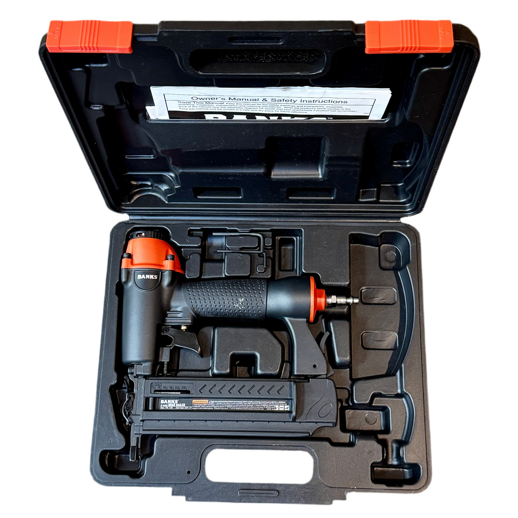 BANKS 18-Gauge 2" Pneumatic Brad Nailer w/ Hard Case (64140) Pneumatic nail gun in a black and orange case on a white background
