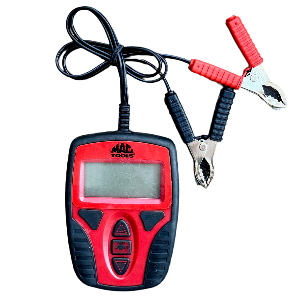 MAC TOOLS 40-1200 CCA Electronic Battery and System Tester (MT3809A) Red and black diagnostic tool with digital display and clamps on a white background