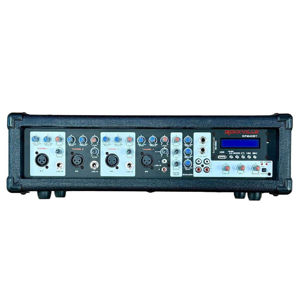 ROCKVILLE Audio RPM45BT 4-Channel 1800W Powered Mixer/Amplifier Audio amplifier with control panel on a white background