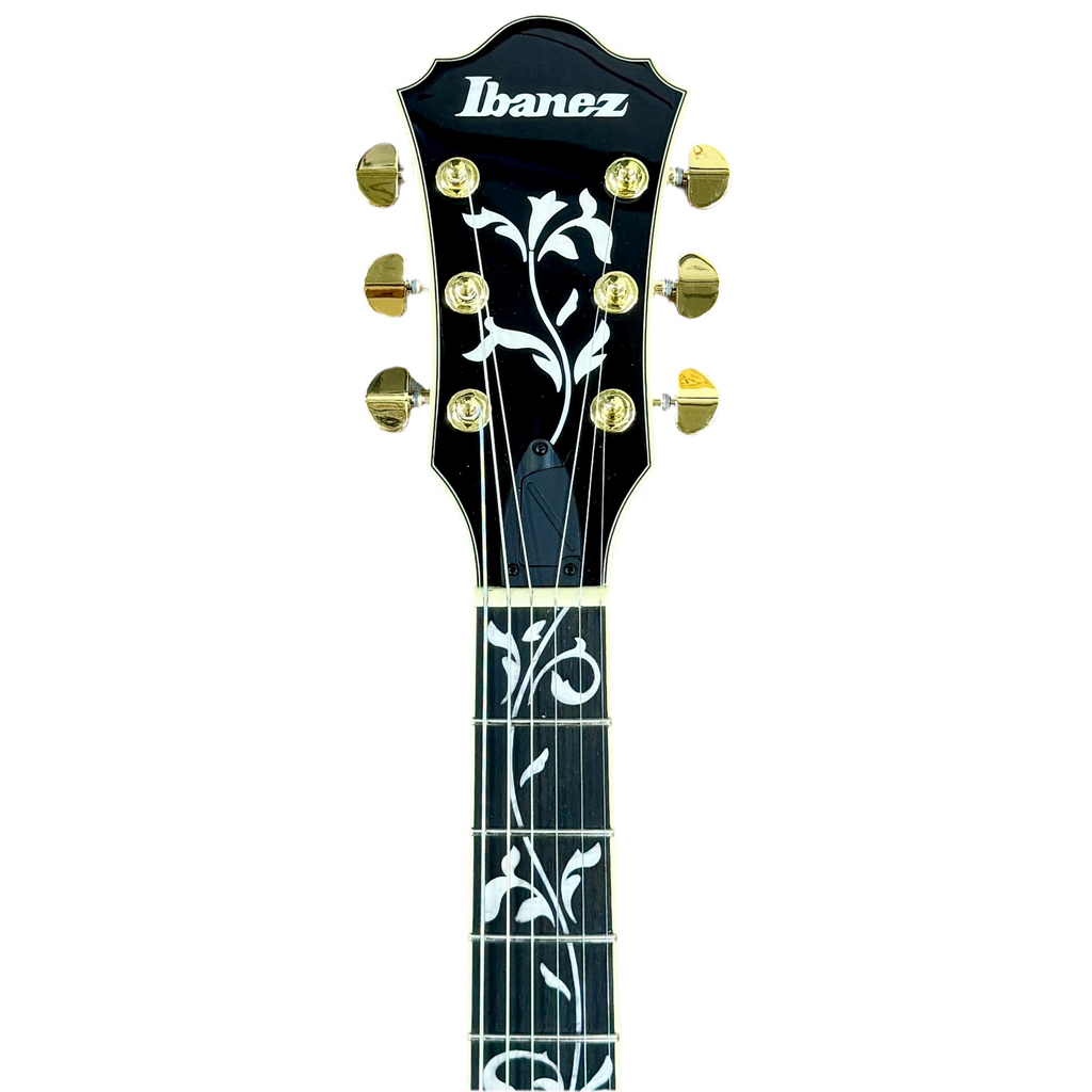 Ibanez Artcore Expressionist AS93SP Semi-Hollow Body Electric Guitar Ibanez guitar headstock with decorative design on a white background