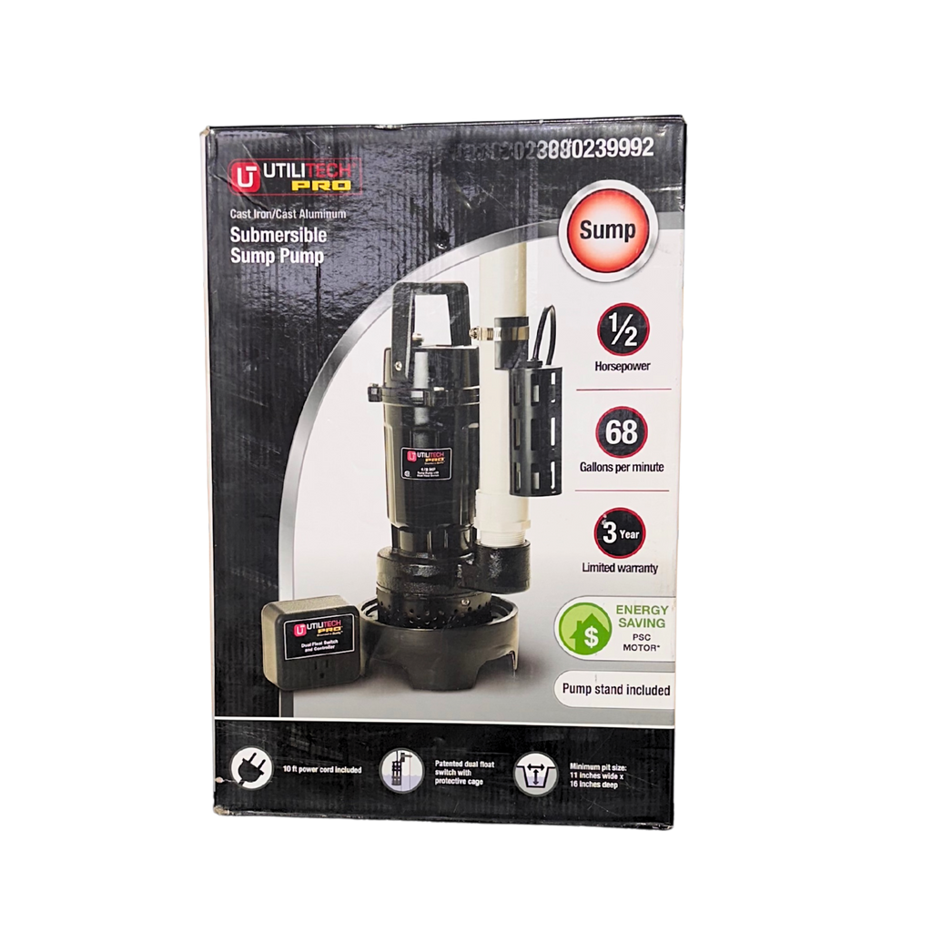 Boxed Utilitech Pro submersible sump pump on a white background