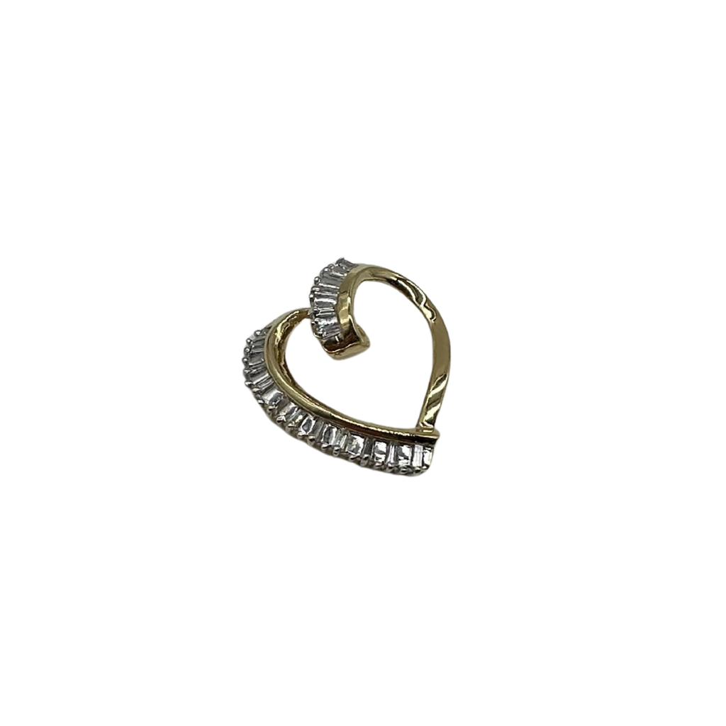 Gold heart-shaped earring with embedded stones on a white background