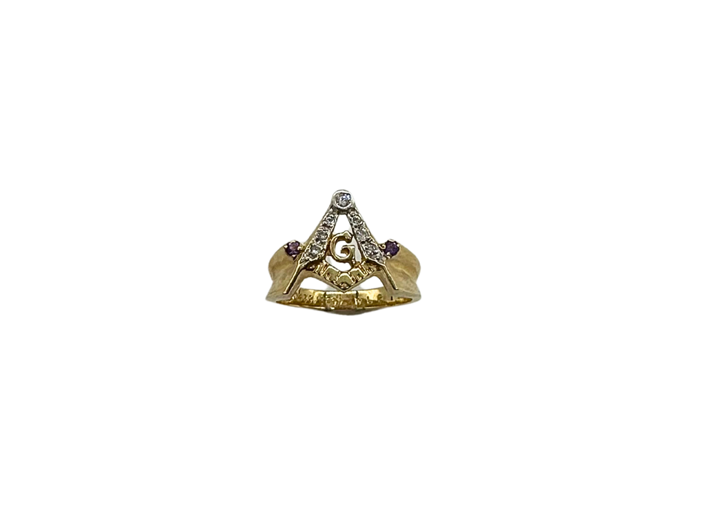 Gold ring with Masonic symbol on a white background