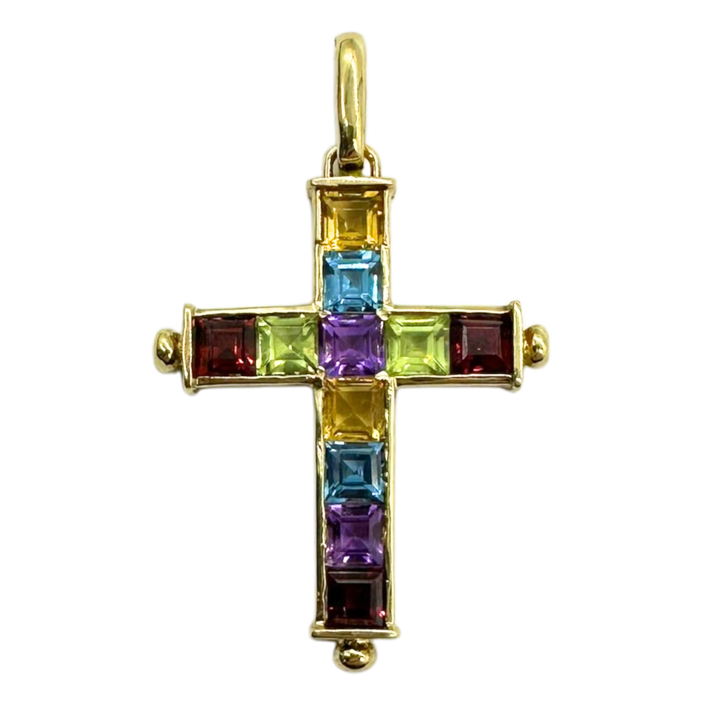 14k Yellow Gold Multi-Color Cross Pendant front