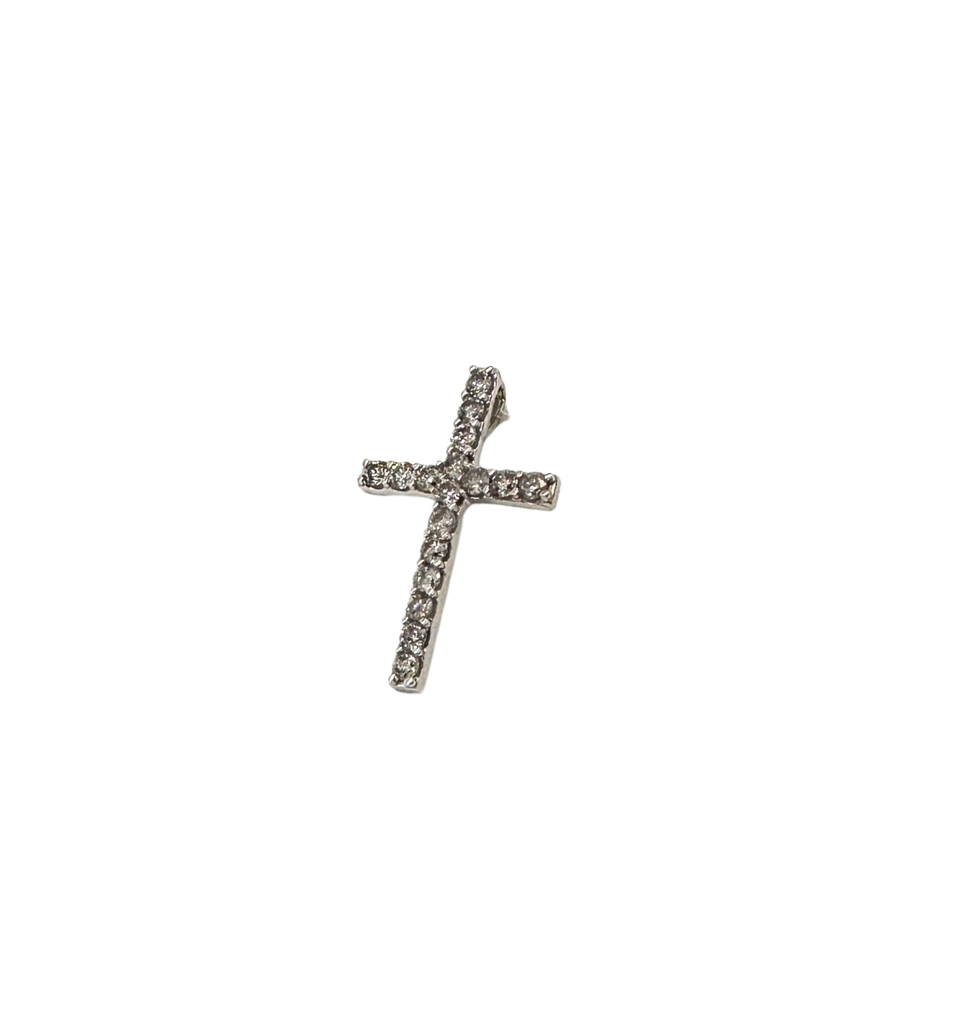 Silver cross pendant with clear stones on a white background