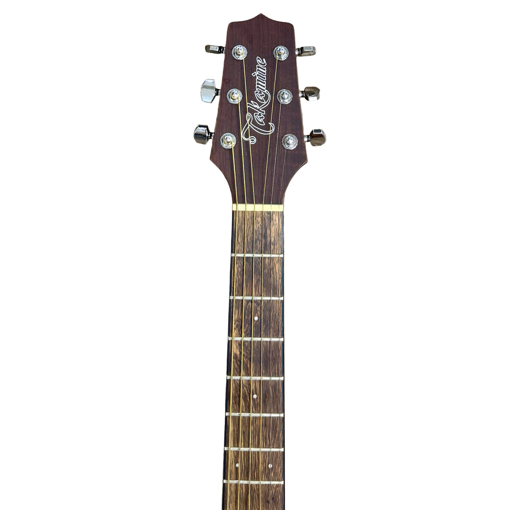 Takamine G Series GD11MCE-NS Acoustic-Electric Guitar w/ Soft Case Guitar headstock with brand name on a wooden surface