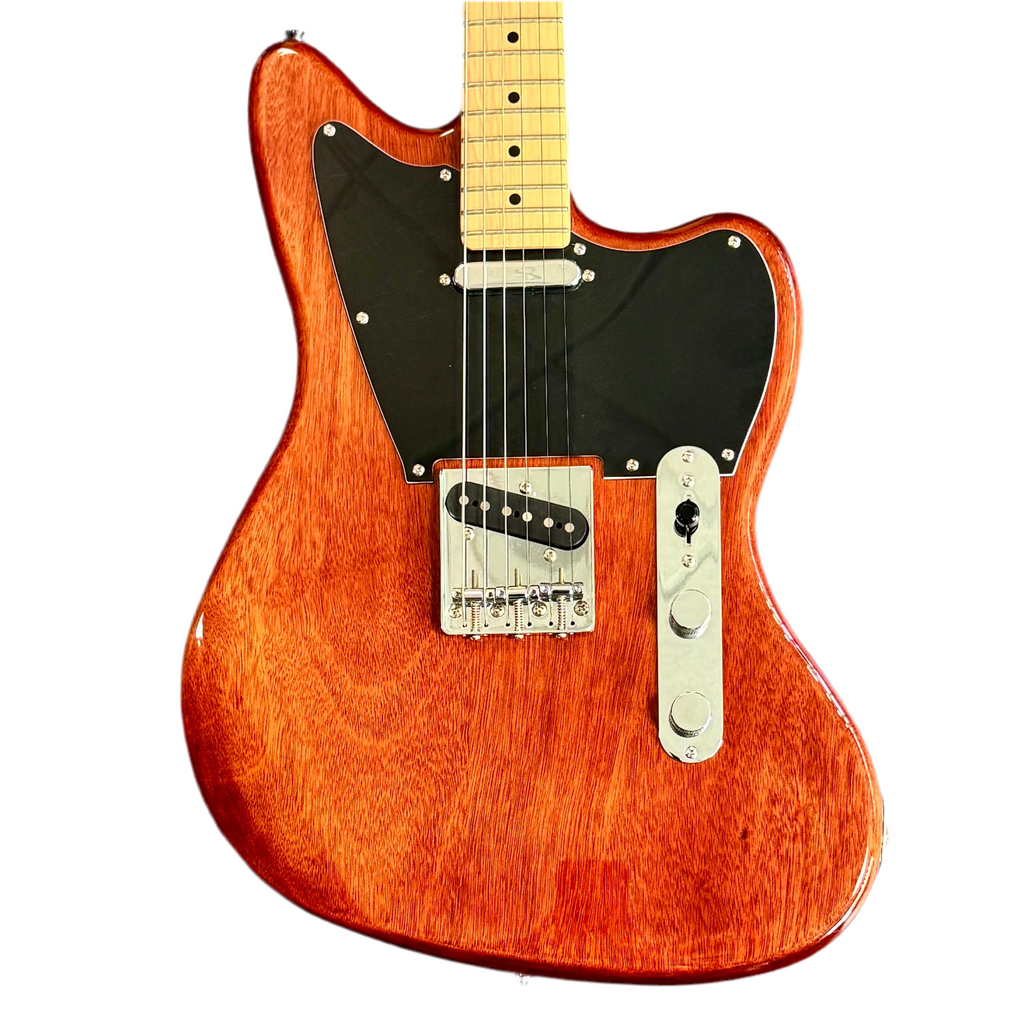 Fender Squier Jaguar Electric Guitar Orange electric guitar with a black pickguard on a white background