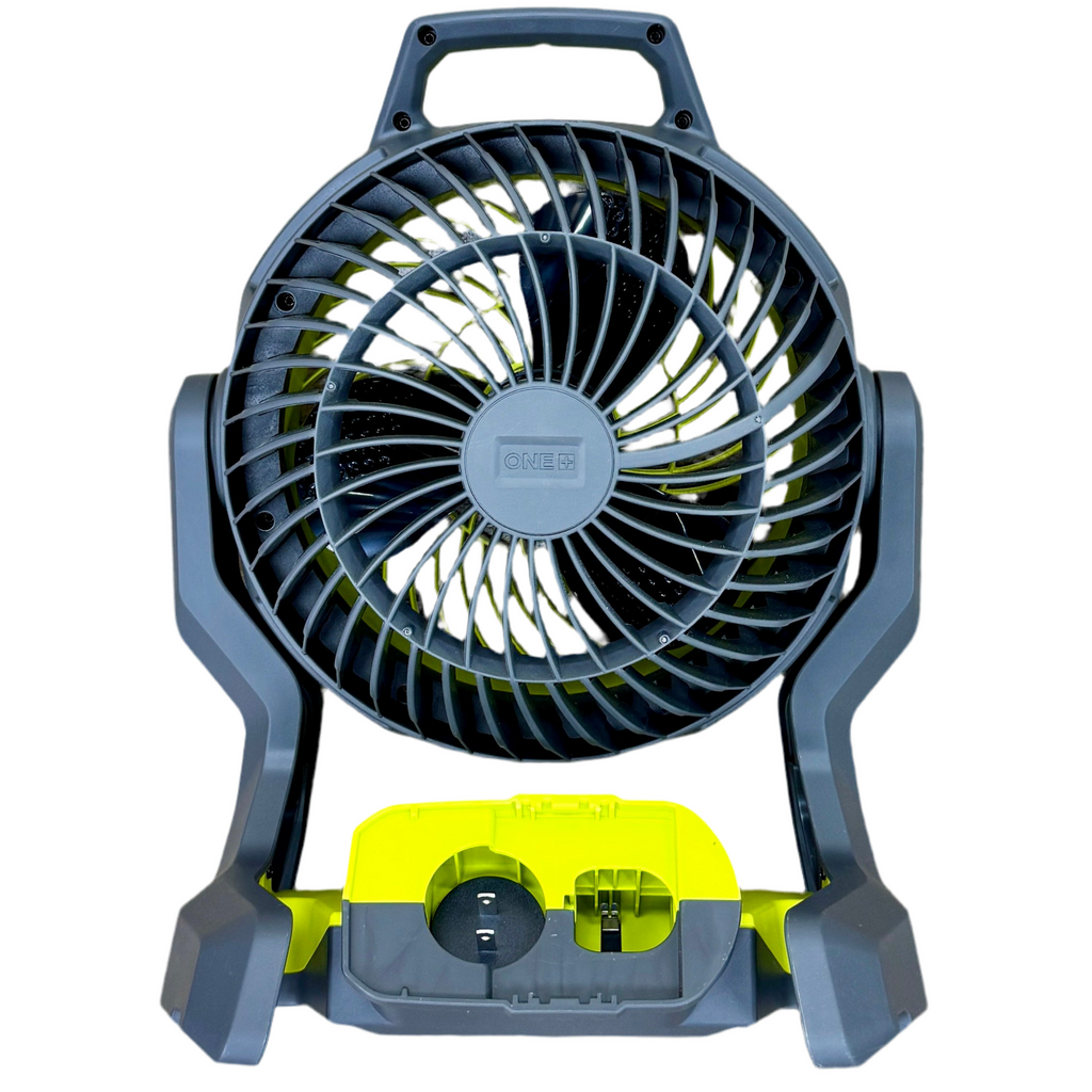 RYOBI ONE+ 18V 7-1/2" Cordless Hybrid WHISPER SERIES Fan w/ Battery (PCL811) Portable fan with a handle on a white background