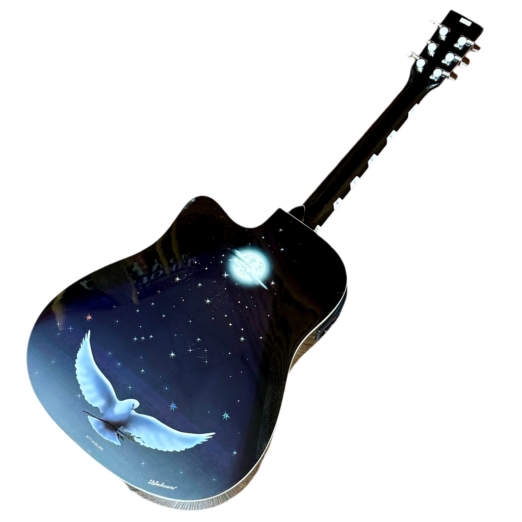 Esteban Celestial Night Limited Edition Acoustic-Electric Guitar Acoustic guitar with a celestial design featuring a dove and moon on a white background
