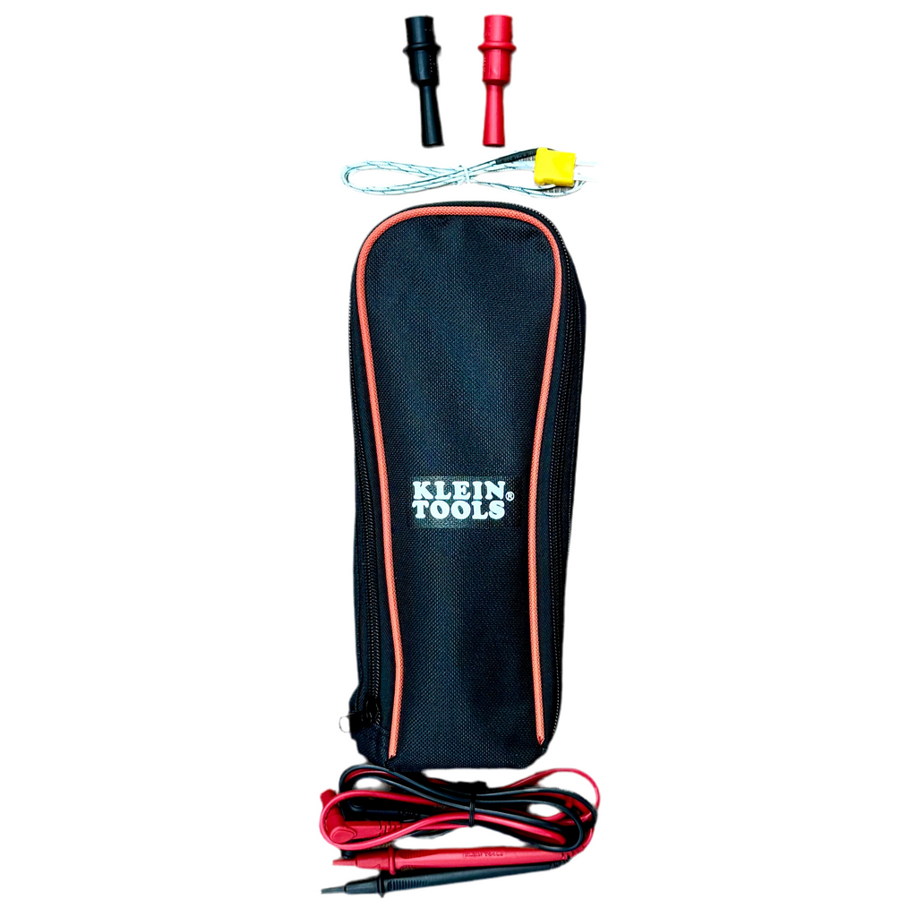 Klein Tools CL445 HVAC Digital Clamp Meter w/ Case & Accessories Klein Tools electrical testing kit with black carrying case and test leads on a white background