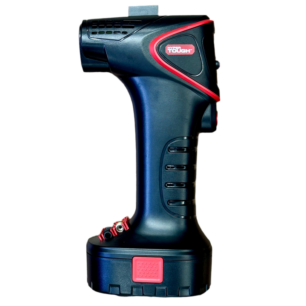 HYPER TOUGH DC12V Cordless Portable Pistol Tire Inflator w/ Battery & Carry Bag (10774226) Black and red cordless drill on a white background