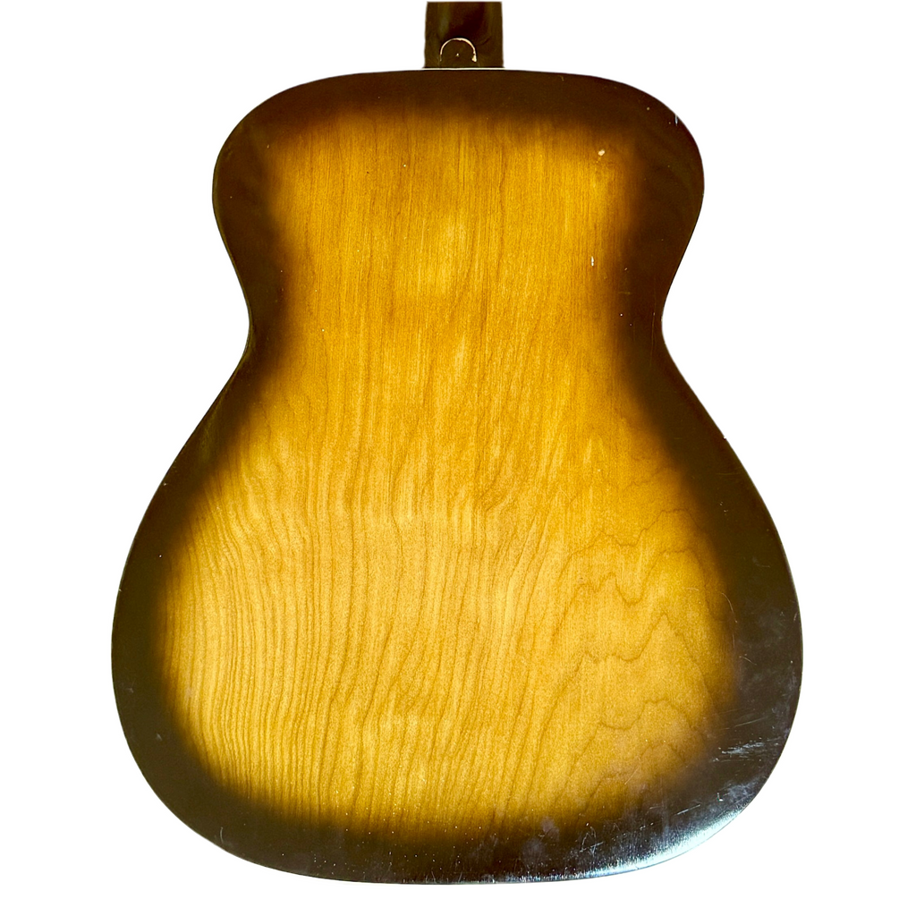 Back of a guitar with a wooden finish on a white background