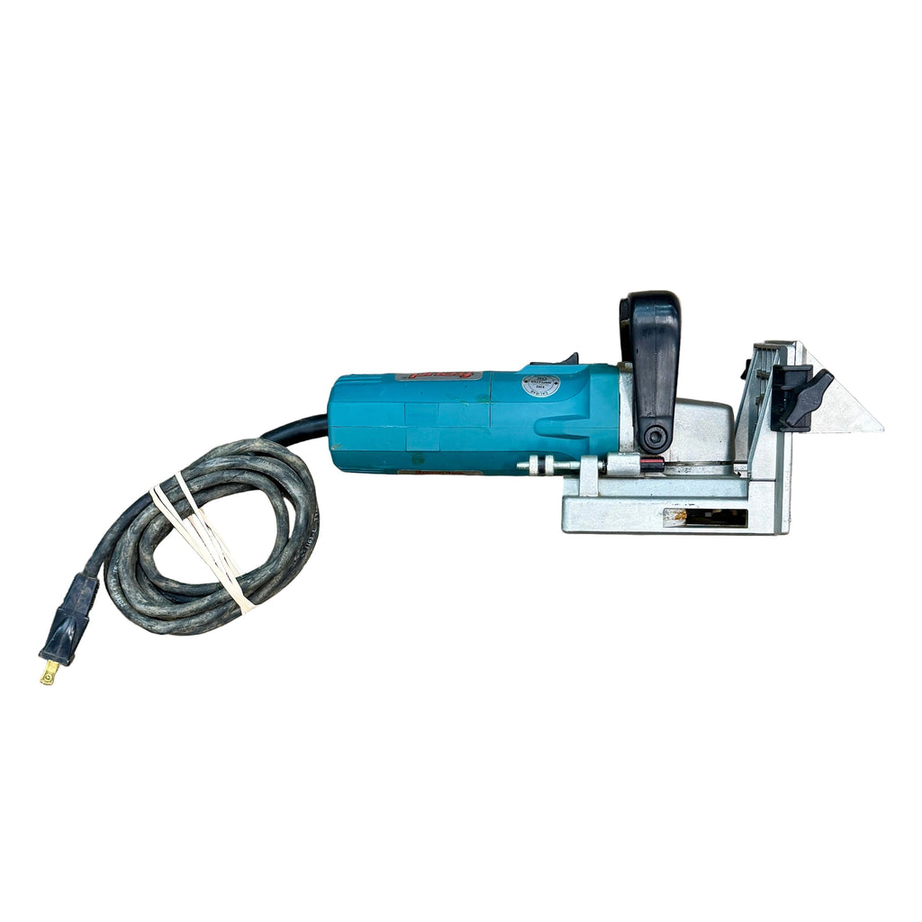 Freud 5-Amp 4" Corded Biscuit Joiner Machine w/ Hard Case (JS100) Blue and silver power tool with a black cord on a white background