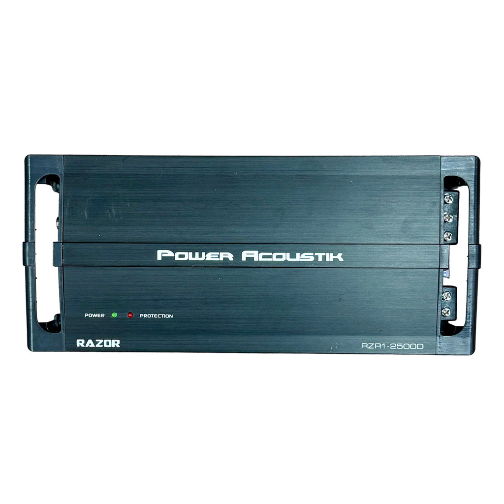 POWER ACOUSTIK RAZOR RZR1-2500D 2500W Monoblock Class D Car Amplifier Power Acoustik amplifier on a wooden surface