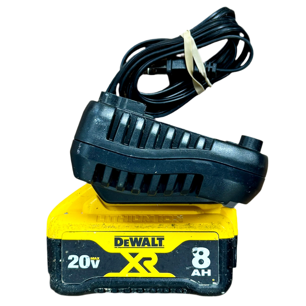 DeWalt 20V MAX 1-1/8" Stroke Cordless Reciprocating Saw w/ Battery & Charger (DCS380) DeWalt battery and charger on a white background