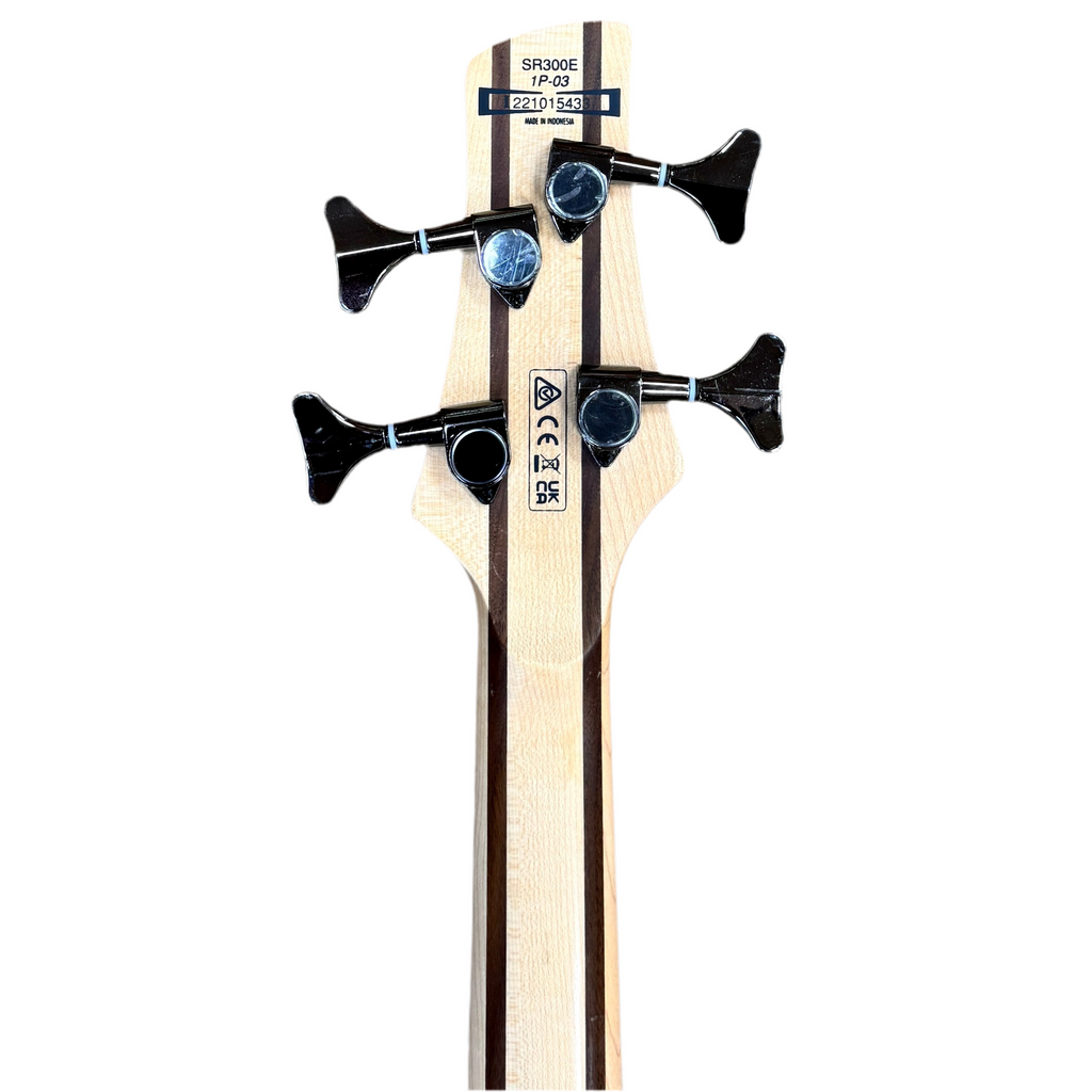 Ibanez SoundGear SR300E Electric Bass Guitar Back view of a musical instrument with brand and model information on a white background
