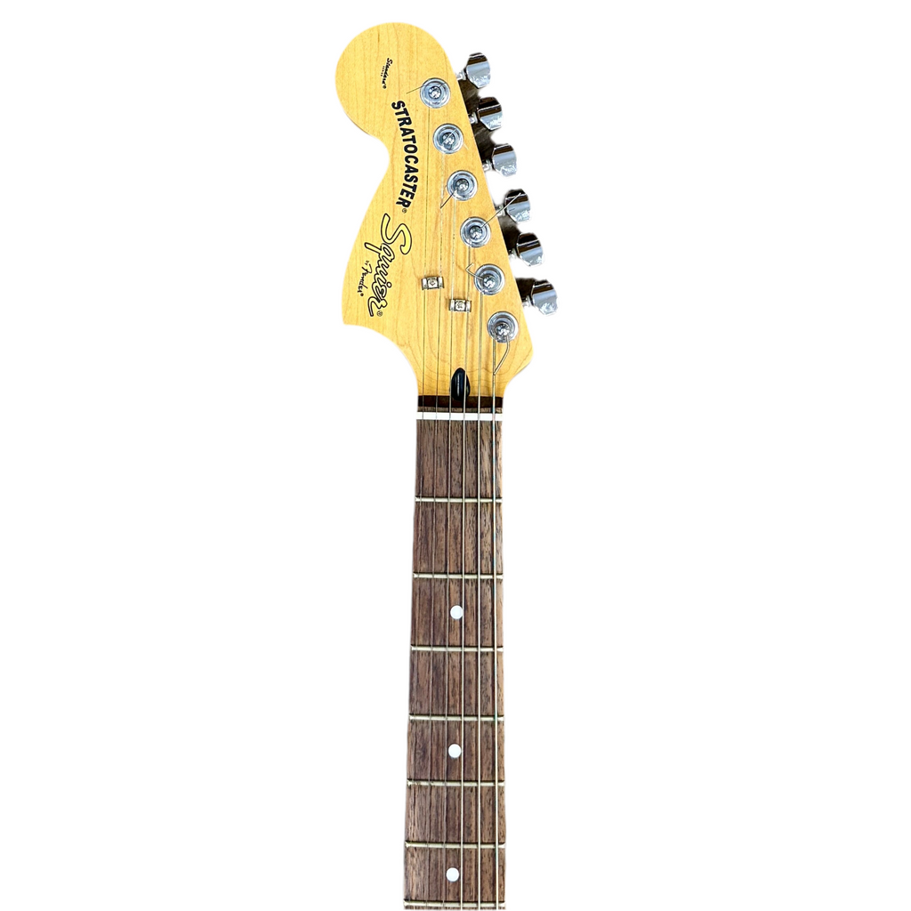 Fender Squier Standard Series Stratocaster Left-Handed Electric Guitar w/ Soft Case Guitar headstock with brand logo on a white background