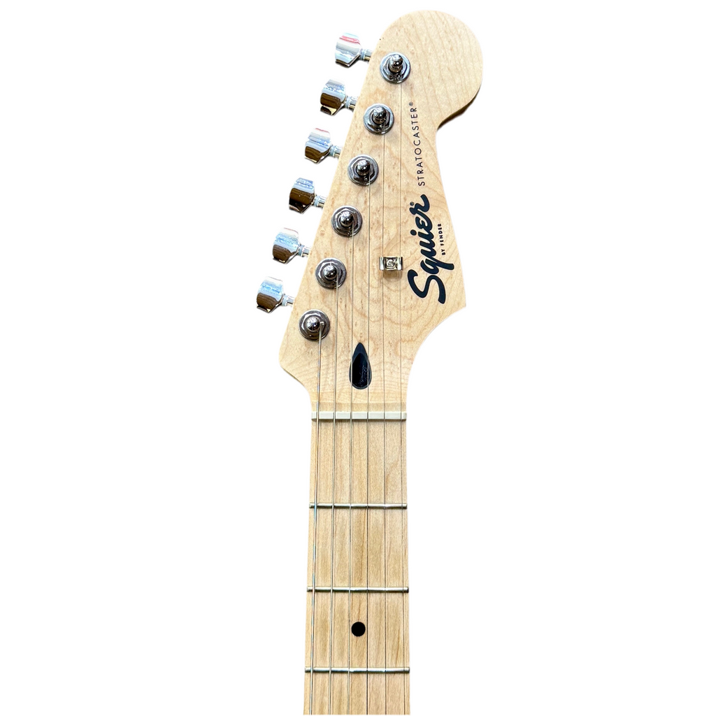 Fender Squier Stratocaster Electric Guitar headstock with 'Squier' branding on a white background