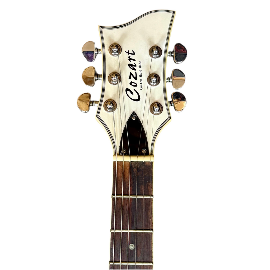 Cozart Single Cutaway Resonator Electric Guitar headstock with 'Cozart' branding on a white background