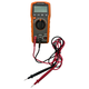 A KLEIN TOOLS digital multimeter with an orange and black body, connected to red and black test leads on a plain white background.