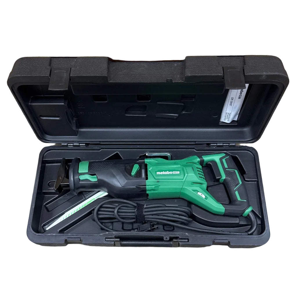 Metabo HPT 11-Amp 1-1/8" Stroke Corded Variable Speed Reciprocating Saw w/ Hard Case (CR13VST) Green power tool in a black case on a wooden floor