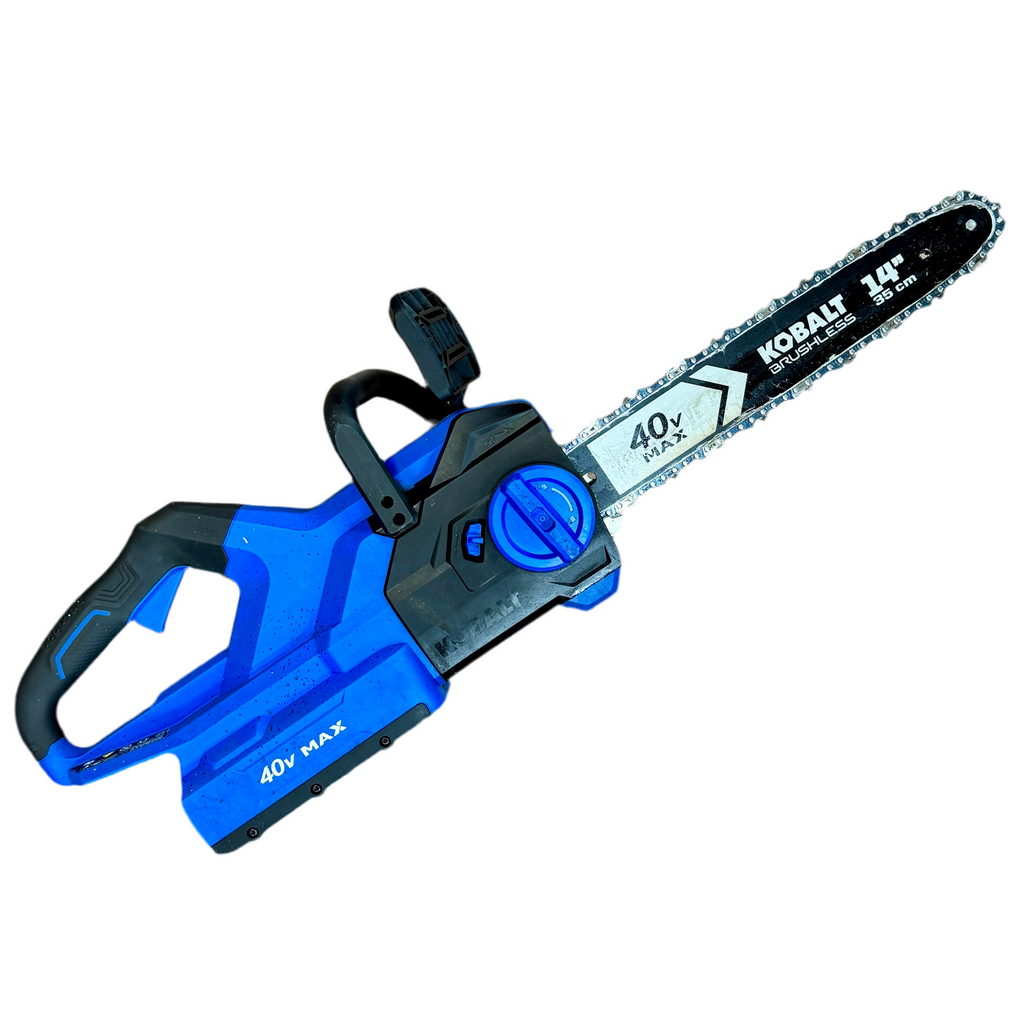 Kobalt Gen4 40V 14" Guide Bar Battery-Powered Chainsaw w/ Battery & Charger (KCS 1040B-03) Blue chainsaw with black handle on a white background