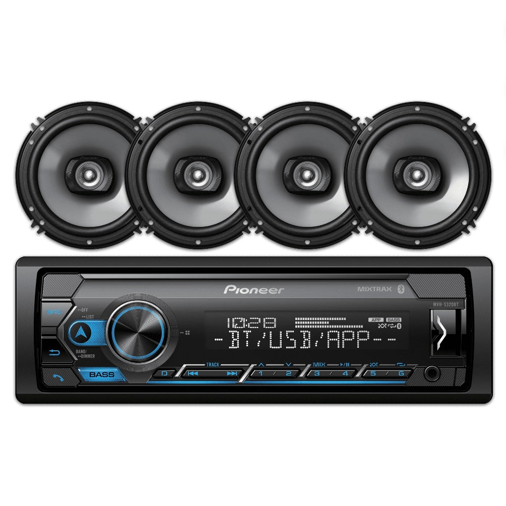 Pioneer MXT-S3266BT Car System Package Pioneer car stereo system with four speakers on a white background
