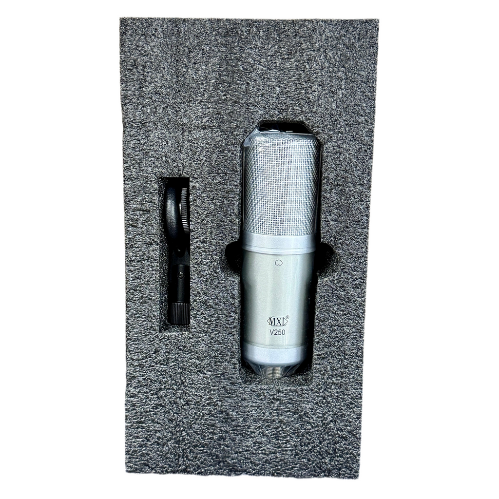 mxl v250 Condenser microphone in a foam packaging on a white background