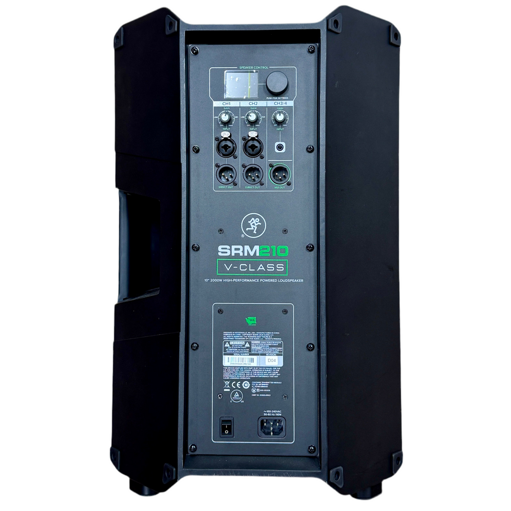 MACKIE SRM210 V-Class 10" 2000W High-Performance Powered Loudspeaker Back view of a black audio speaker with control panel on a white background
