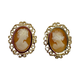 18K Yellow Gold Swirl Framed Pink and White Cameo Earrings Pair of vintage-style cameo earrings with gold frames on a white background