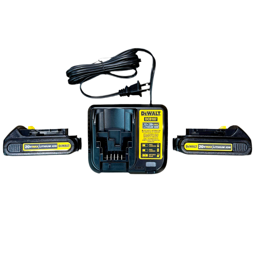 DeWalt 20V MAX 1/2" Cordless Compact Drill/Driver w/ 2 Batteries, Charger, & Bag (DCD771) DEWALT battery charger and two batteries on a white background
