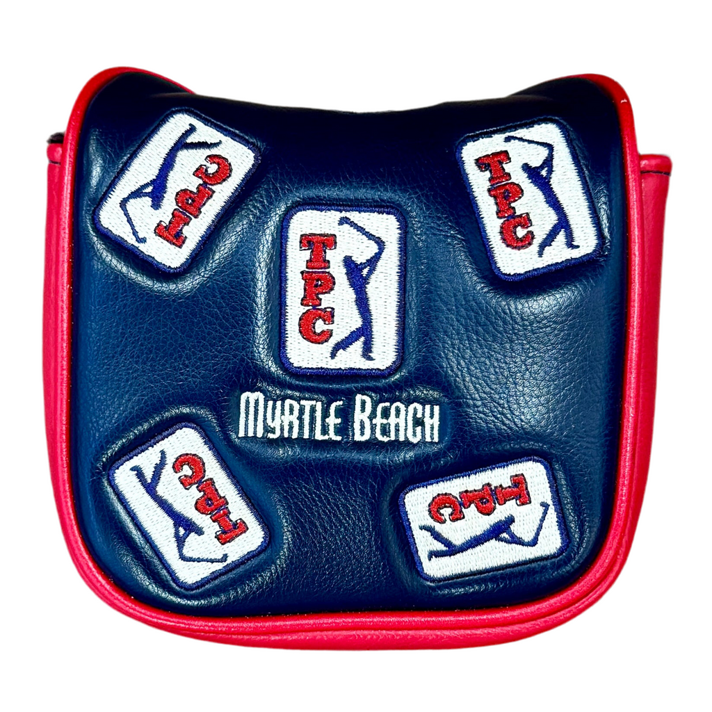 TaylorMade Spider X Mallet Putter RH Golf Club w/ Headcover Blue golf club head cover with multiple logos and 'Myrtle Beach' text on a white background