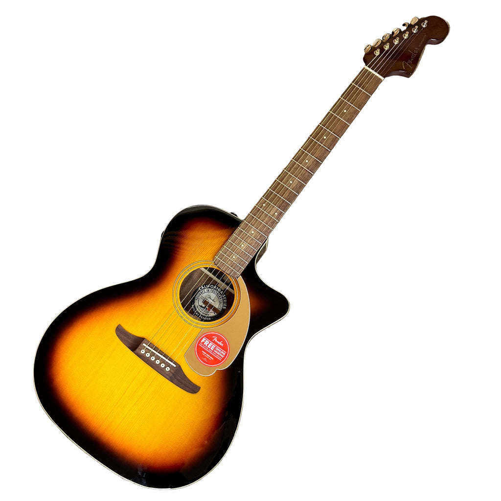 Fender California Series Newport Player Acoustic-Electric Guitar Acoustic guitar on a wooden floor