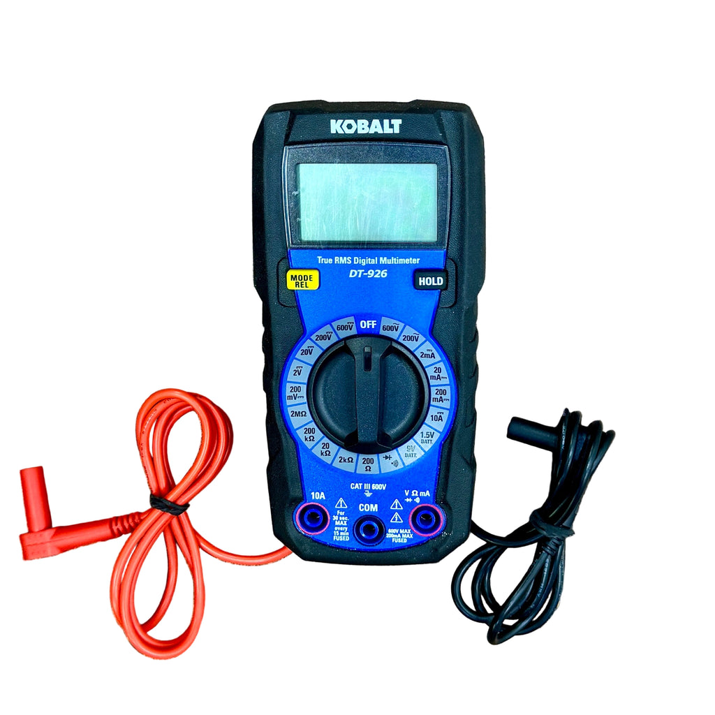 Kobalt DT-926 True RMS Digital Multimeter Kobalt digital multimeter with probes on a white background