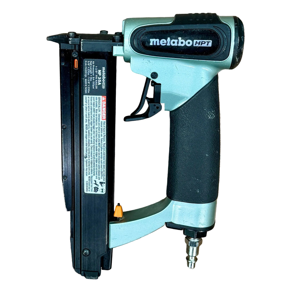 Metabo HPT 23-Gauge 1-3/8" Pneumatic Micro Pin Nailer w/ Hard Case (NP35A) Metabo HPT nail gun on a wooden surface