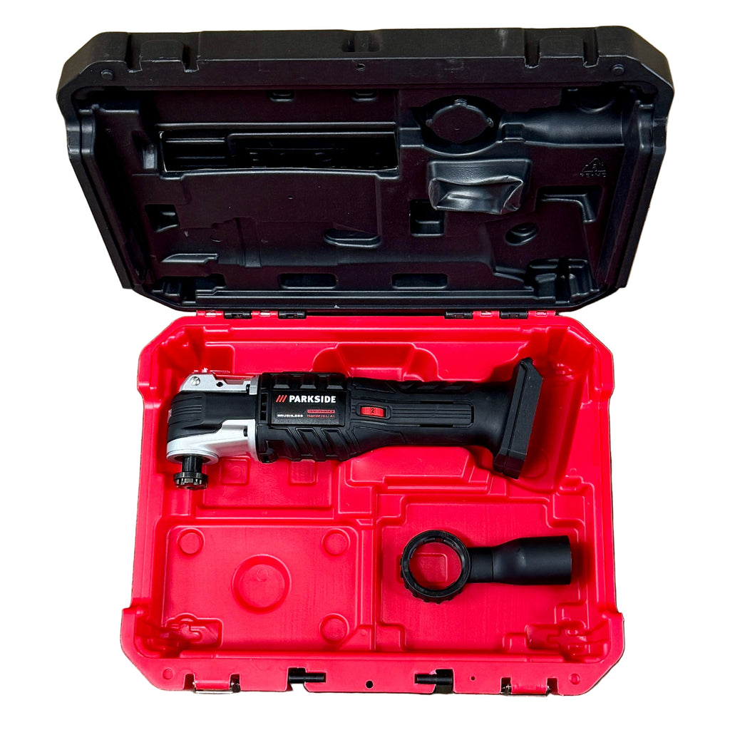 PARKSIDE PERFORMANCE 20V Brushless Cordless Multi-Tool w/ Battery, Charger, & Hard Case (PAMFWP 20-Li A1) Parkside tool in a red and black tool case on a wooden floor