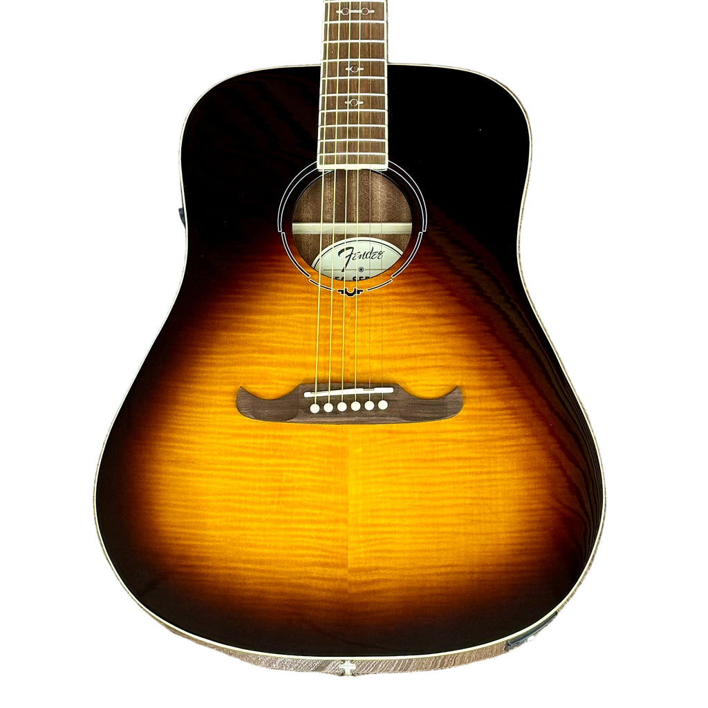 Fender FA-Series FA-225E Dreadnought Acoustic-Electric Guitar Fender acoustic guitar with a sunburst finish on a white background