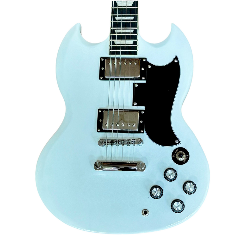 Leo Jaymz Double Cut Standard Electric Guitar Light blue electric guitar with a white background