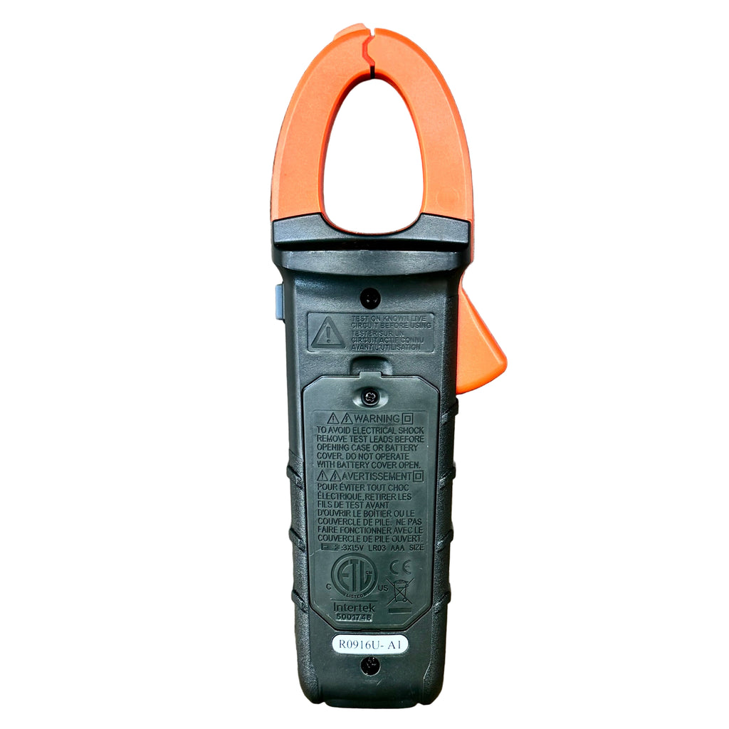Klein Tools CL310 400A AC Digital Clamp Meter w/ Case Black and orange clamp meter on a wooden surface