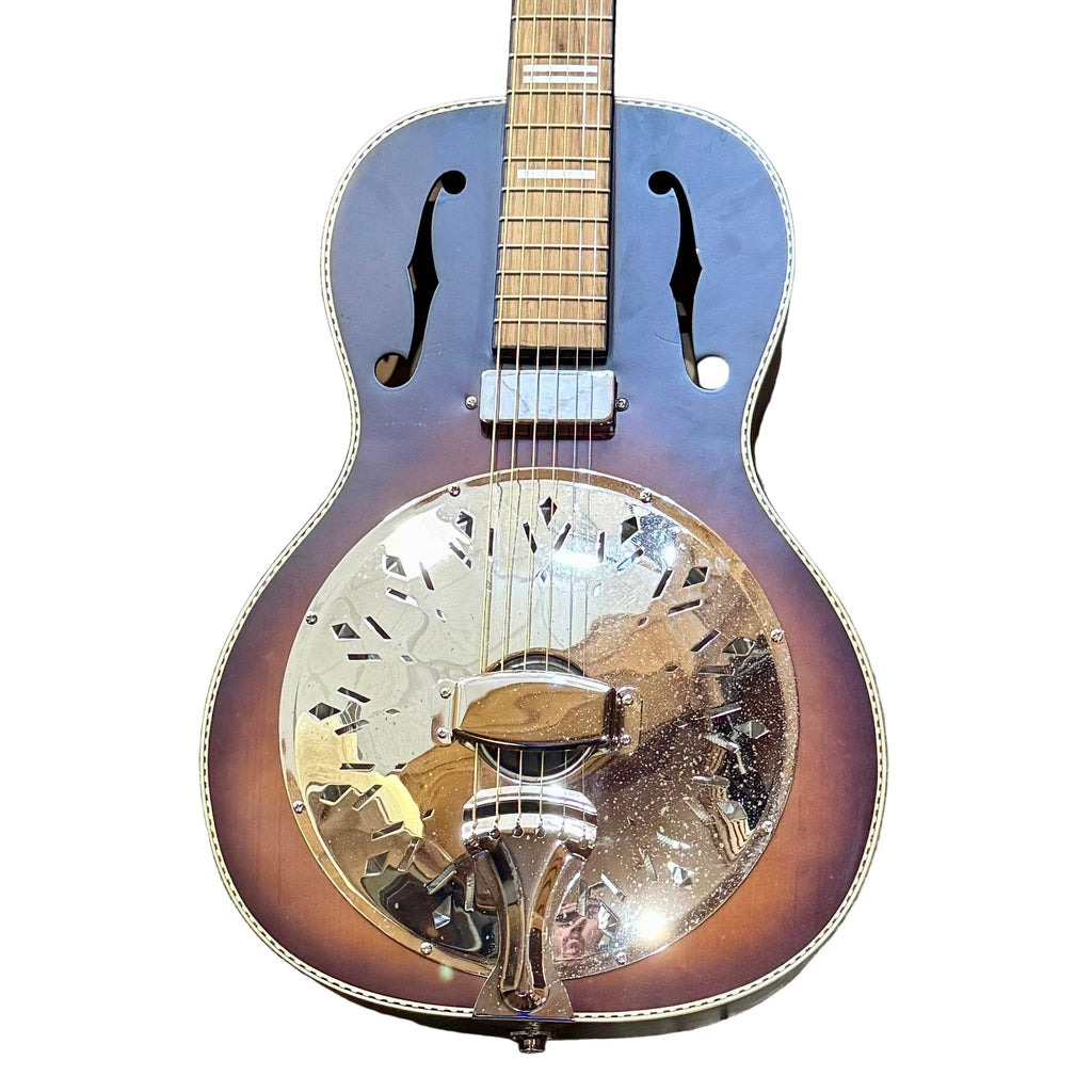 Recording King RPH-R2-E-BRB Dirty 30s Minnie Bucker Resonator Guitar Resonator guitar with a sunburst finish on a white background