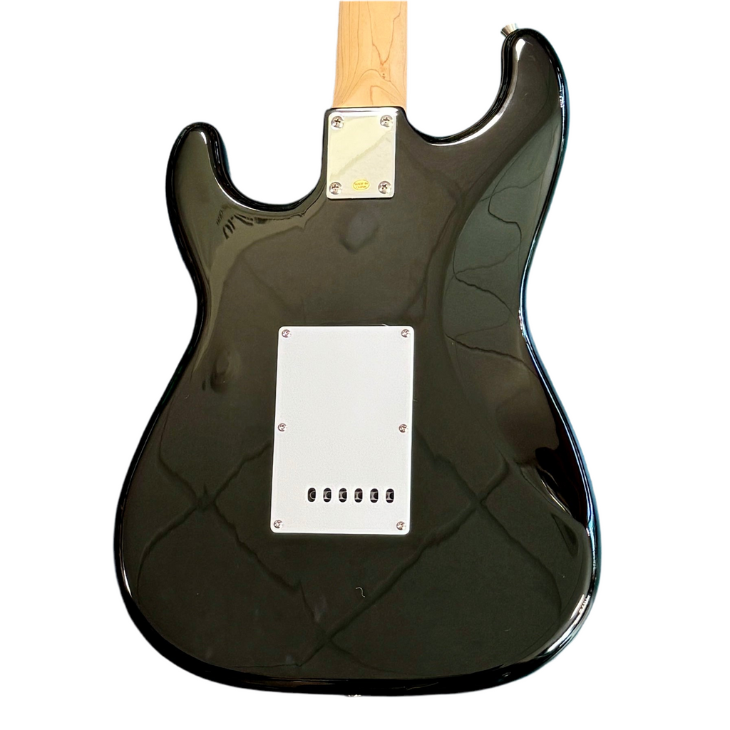 Aria Pro II STG-Series STG-003 Electric Guitar Glossy black electric guitar body with a white pickguard on a white background