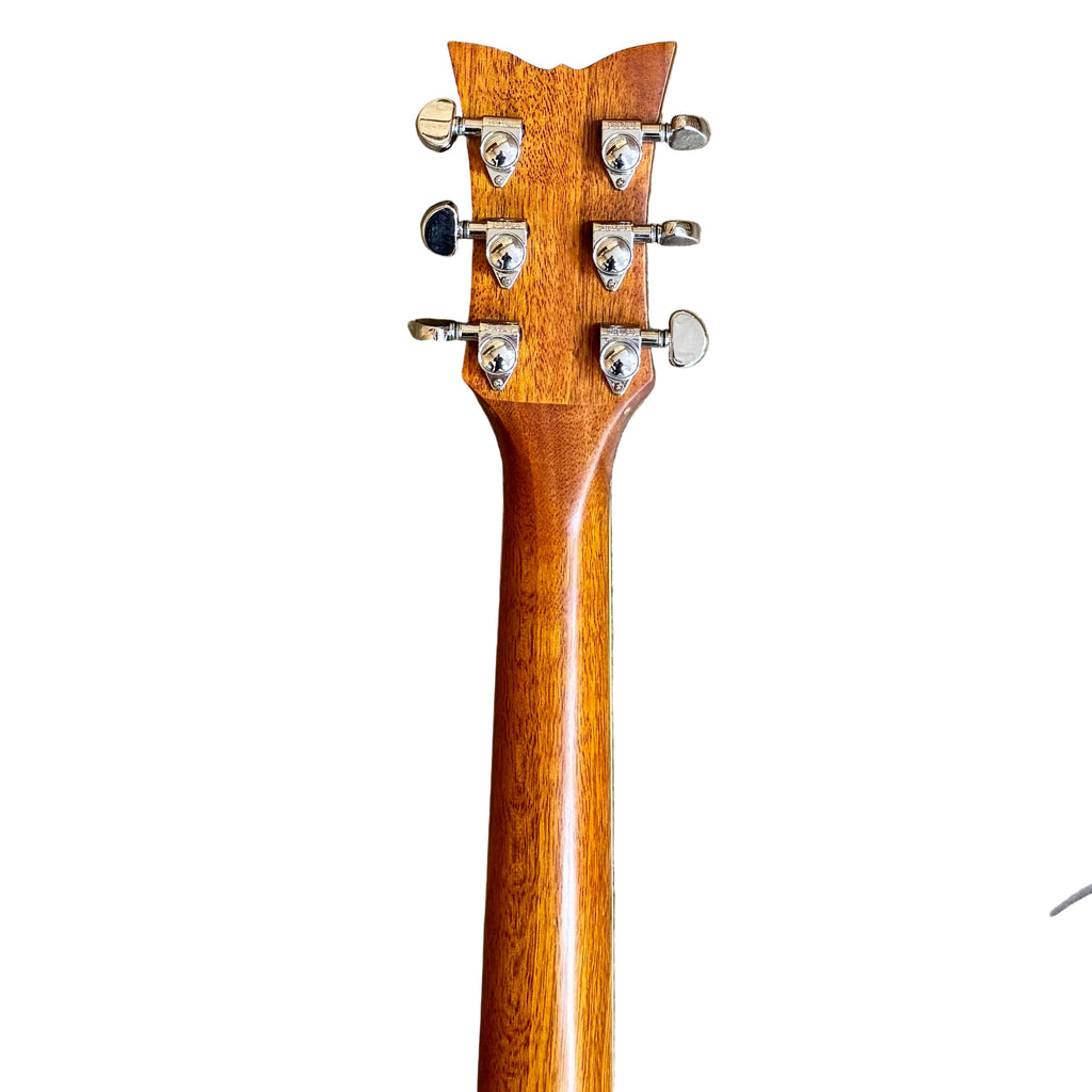 Schecter DIAMOND SERIES Acoustic-Electric Guitar w/ Hard Case Close-up of a guitar headstock with tuning pegs on a white background