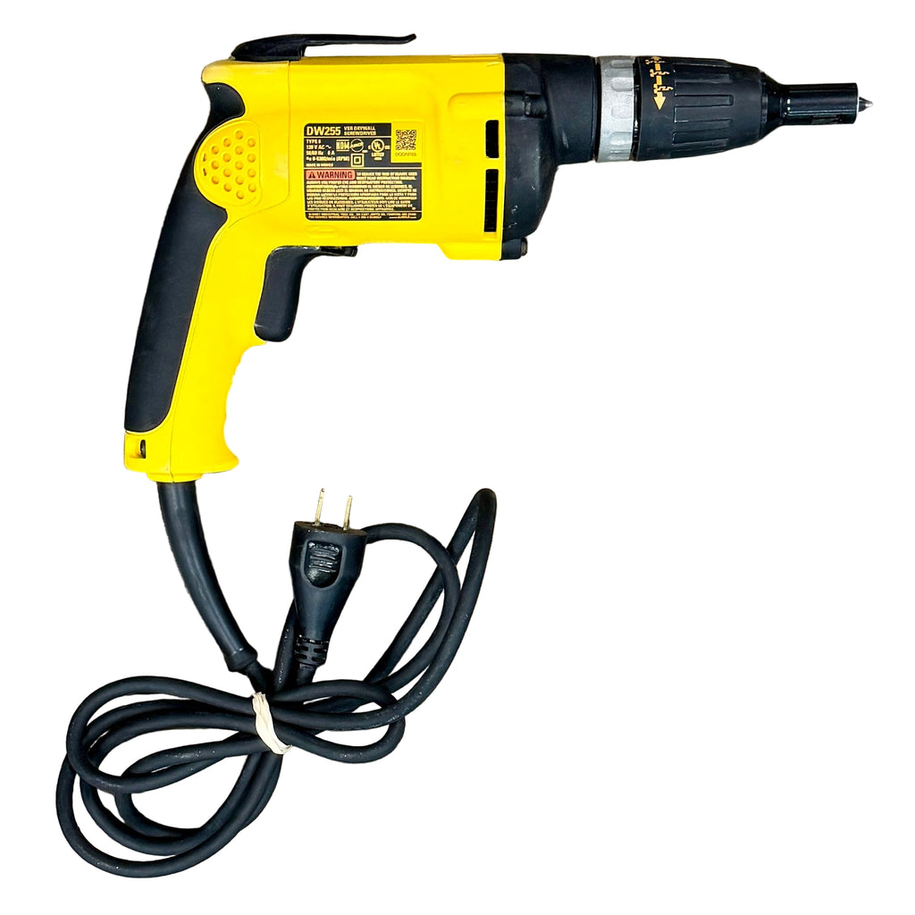 DeWalt 6-Amp Corded High Speed VSR Drywall Screwdriver (DW255) Yellow and black corded drill on a white background