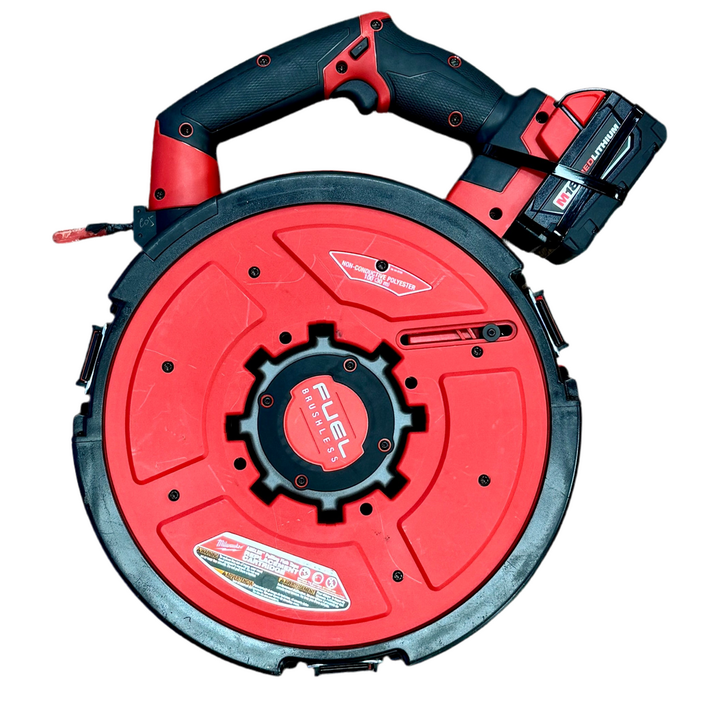 Milwaukee M18 FUEL 18V ANGLER Pulling Fish Tape Powered Base w/ Battery (2873-20) Red and black cordless drill on a white background