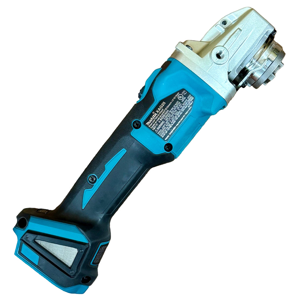 Makita 18V LXT 4‑1/2” / 5" Brushless Cordless X‑LOCK Angle Grinder w/ Battery (XAG25) Blue and black angle grinder on a white background