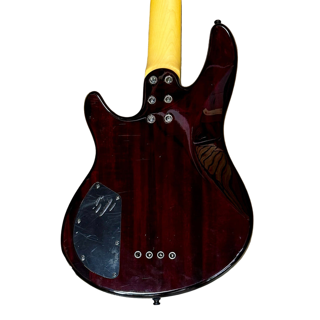 Schecter Diamond Series RAIDEN SPECIAL-4 Electric Bass Guitar (Missing 1st String) Glossy dark red electric guitar with a yellow neck on a wooden floor.