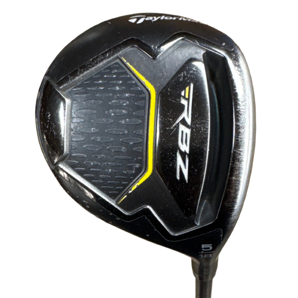 TaylorMade RBZ ROCKETBALLZ 5 Wood RH Golf Club Golf club with TaylorMade logo held by a person on a wooden floor.