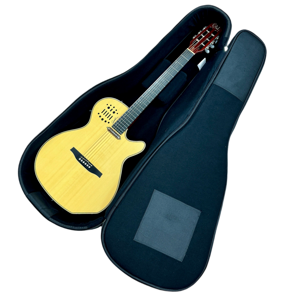 Godin Multiac Spectrum SA Acoustic-Electric Guitar w/ Soft Case Yellow guitar inside a black case on a white background