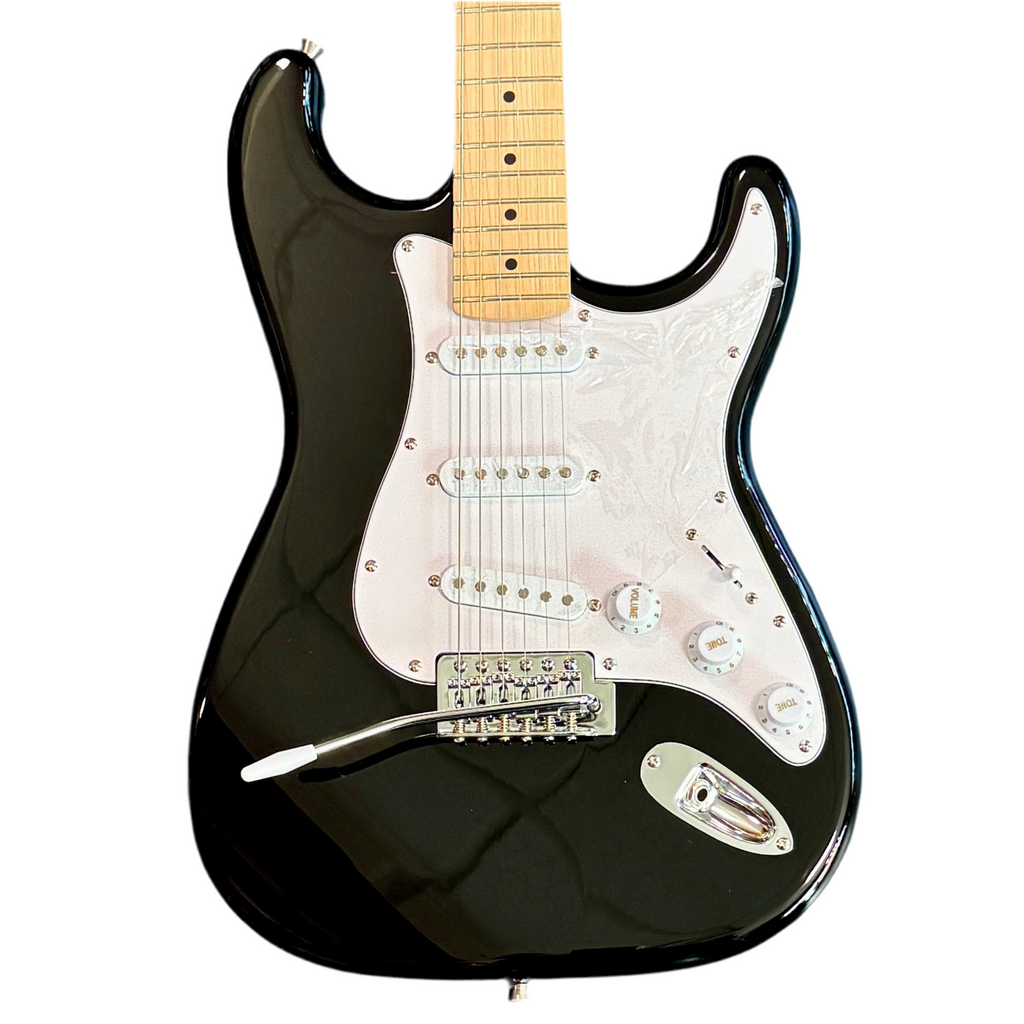 Aria Pro II STG-Series STG-003 Electric Guitar Black electric guitar with a white pickguard on a white background